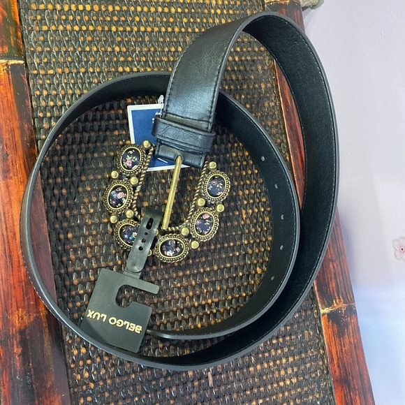 NWT Belgo Lux Black Belt With Golden Metal Buckle Floral Material Women Size XL - Picture 4 of 8
